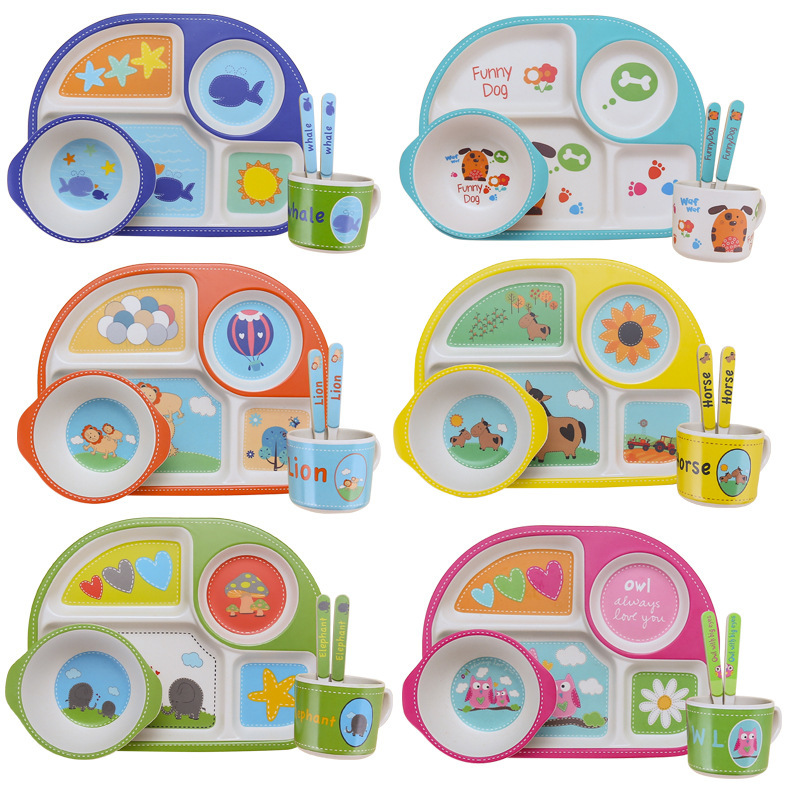 Children's tableware suit bamboo fiber grid plate cute baby baby eating cartoon bowl separated complementary food tableware