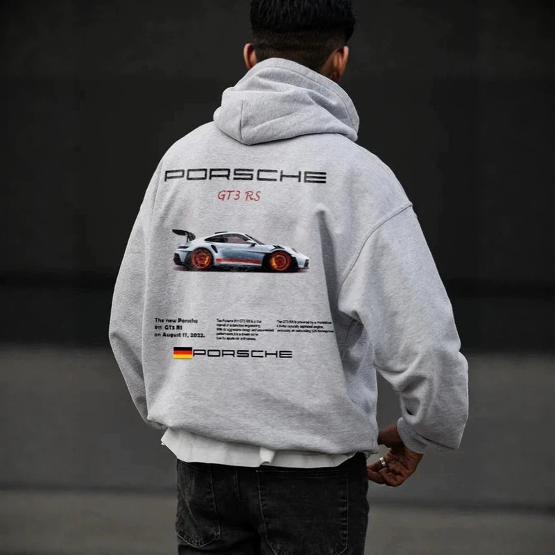 Trendy Porsche sports car print hoodie for men and women, white with double sports car pattern on the back, loose long-sleeve sweatshirt Trendy Porsche sports car print hoodie for men and women, white with double sports car pattern on the back, loose long-sleeve sweatshirt