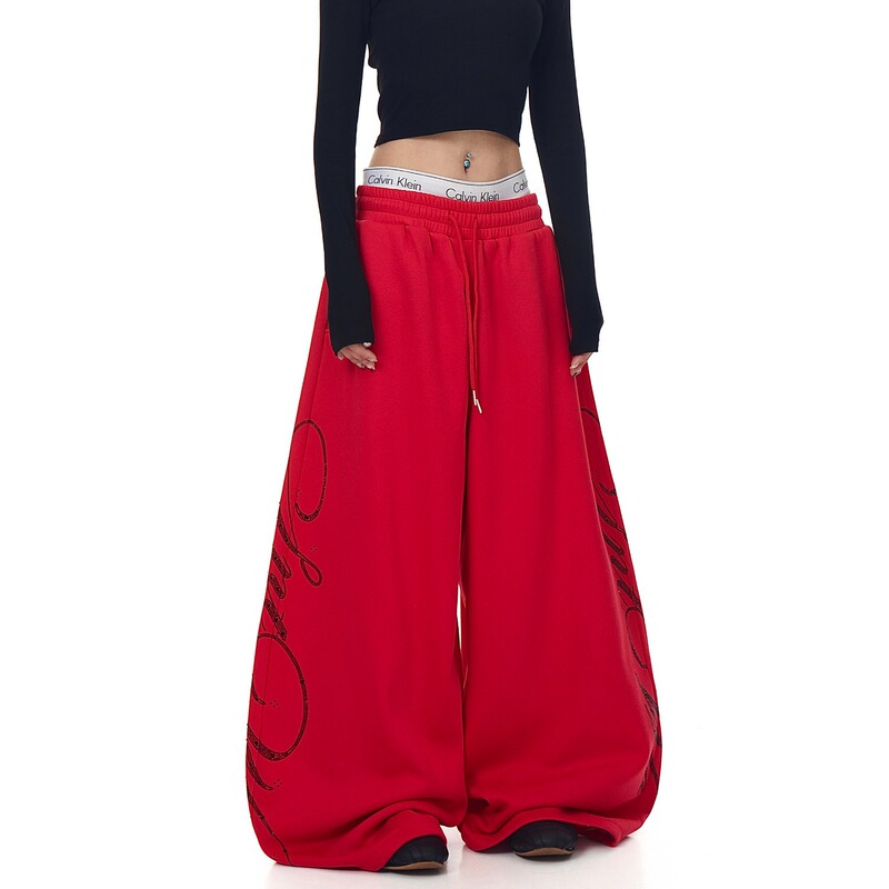Y2K Women's Casual Fashion Street Style Letter Side Pattern Printed Jogger Elastic Waist Straight-Leg Wide-Leg Pants