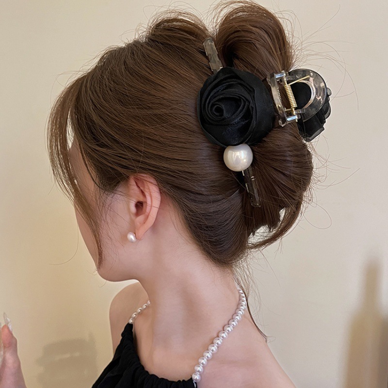Satín de alta sensación, arco negro grande, clip de tiburón, toque de cabeza, clip de nube, clip de agarre, clip de cabello, tarjeta de cabello de mujer