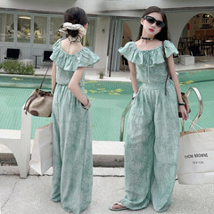 French-style lace-trimmed T-shirt and high-waisted wide-leg pants set for girls, 2024 new arrival, elegant and fashionable, two pieces set