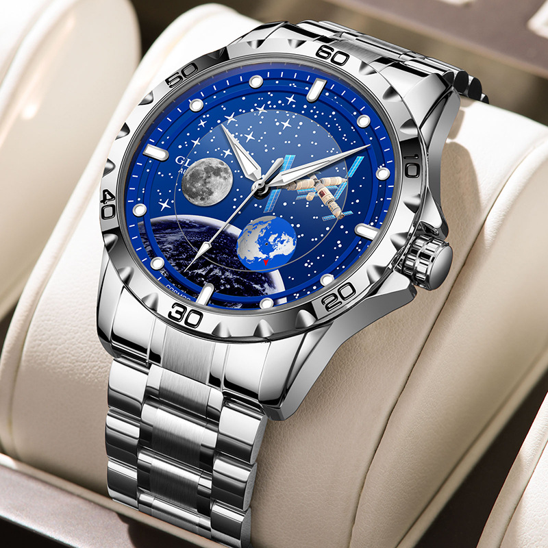 Đồng hồ nam automatic lộ máy dây thép cao cấp — Dây thép vàng Intershell, Dải thép bạc vỏ bạc