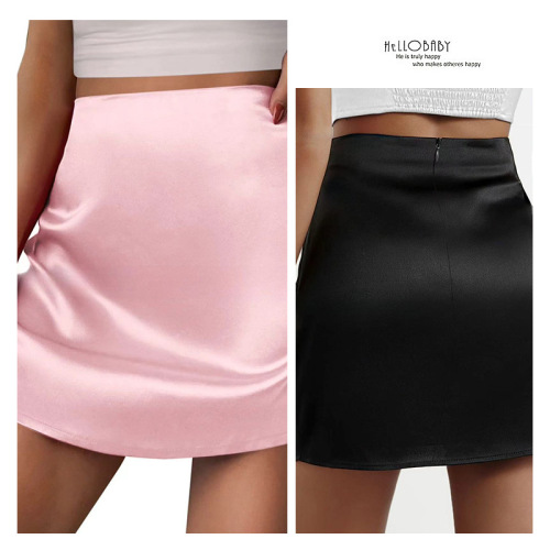 跨境亚马逊新款缎面半身裙 女士迷你A字裙褶皱半身裙高腰缎面短裙