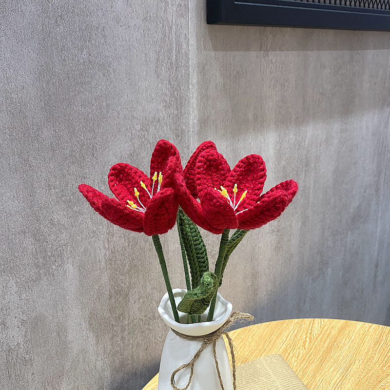 完成した手織りバラ、スズラン、ヒマワリ、造花、ウールニットブーケ、花飾り、ギフト|undefined
