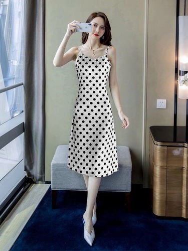 2025 Summer Dress for Women Vintage Polka Dot Sexy Elegant Knee-Length Medium-Length Dress Neckless Tank Top Dress