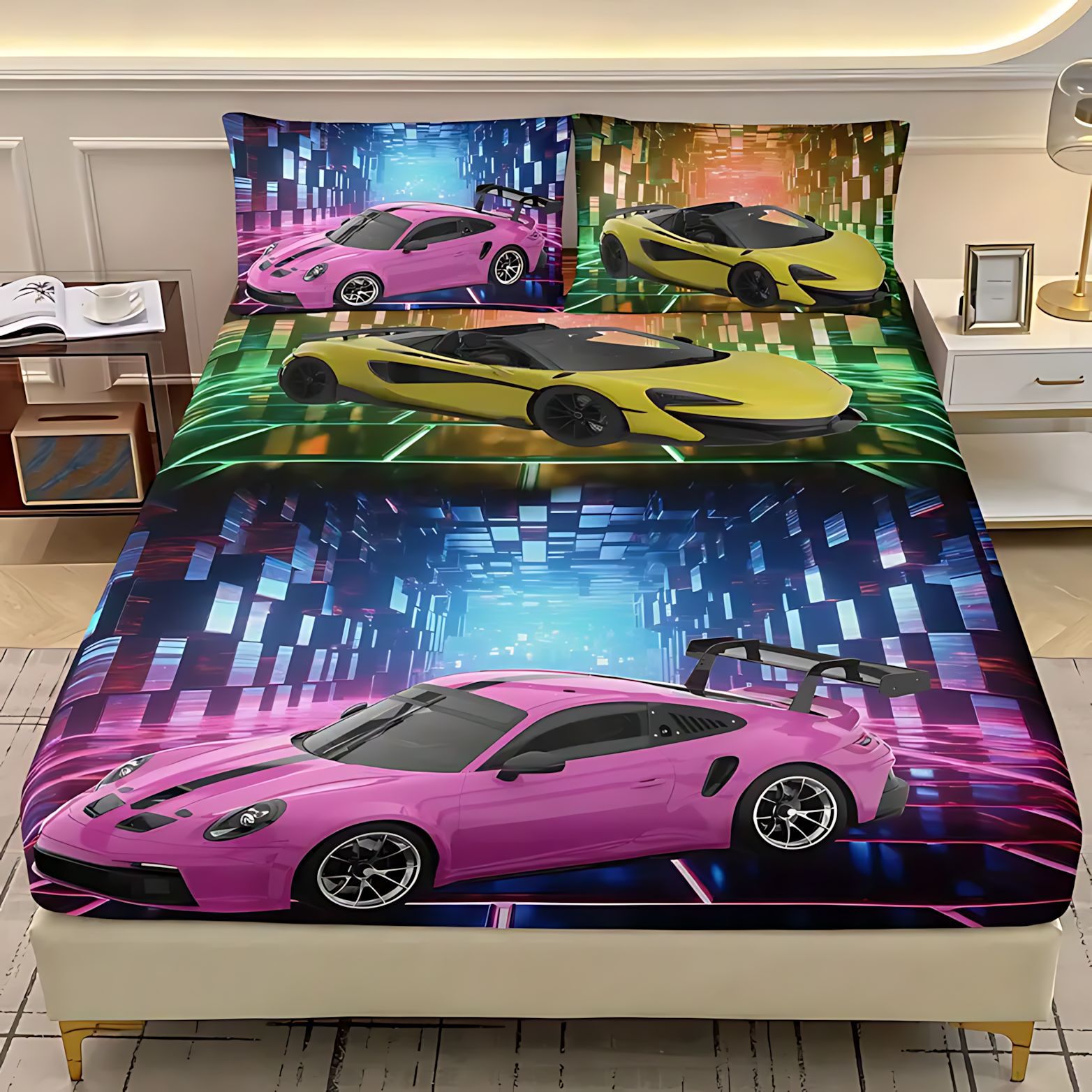 TEMU / JIT Cross-border neon luminoso coche deportivo 3D impresión digital cama gaza pillow kit para dibujar
