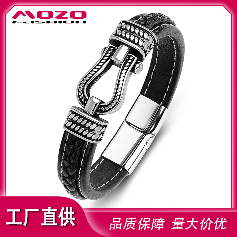 New Amazon Cross-Border Jewelry European and American Classic Horseshoe Buckle Men's Leather Titanium Steel Bracelet Supports Customization New Amazon Cross-Border Jewelry European and American Classic Horseshoe Buckle Men's Leather Titanium Steel Bracelet Supports Customization
