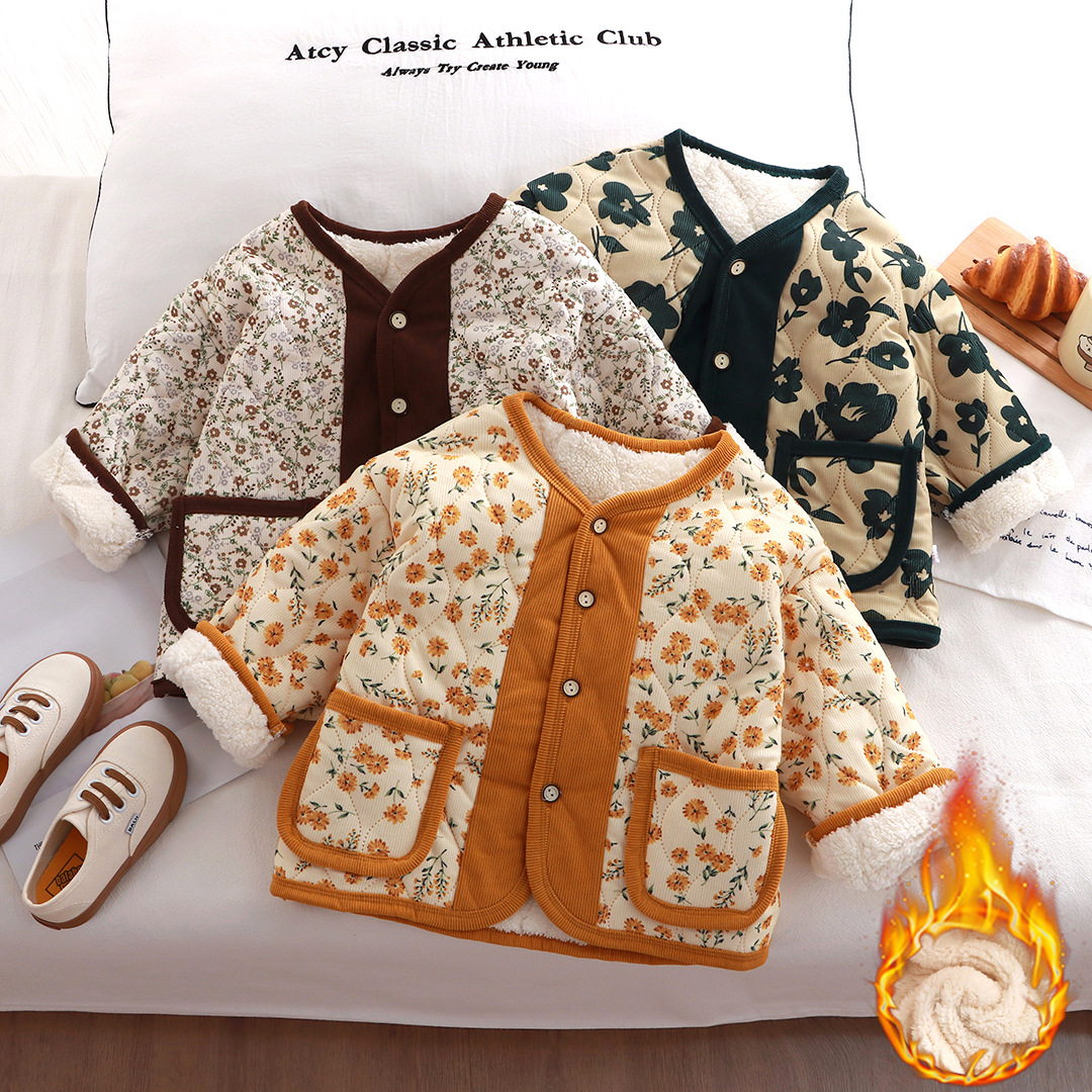 Capa de algodón caliente de tres capas para niños, ropa de algodón vintage suelta y ropa de algodón caliente para niños mayores