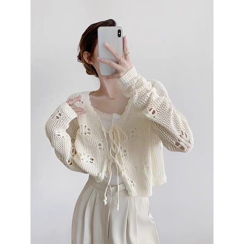 2026 Spring/Summer New Hollow Out Lace-Up Knitted Cardigan Top Thin Design Sunscreen Sweater Jacket for Women