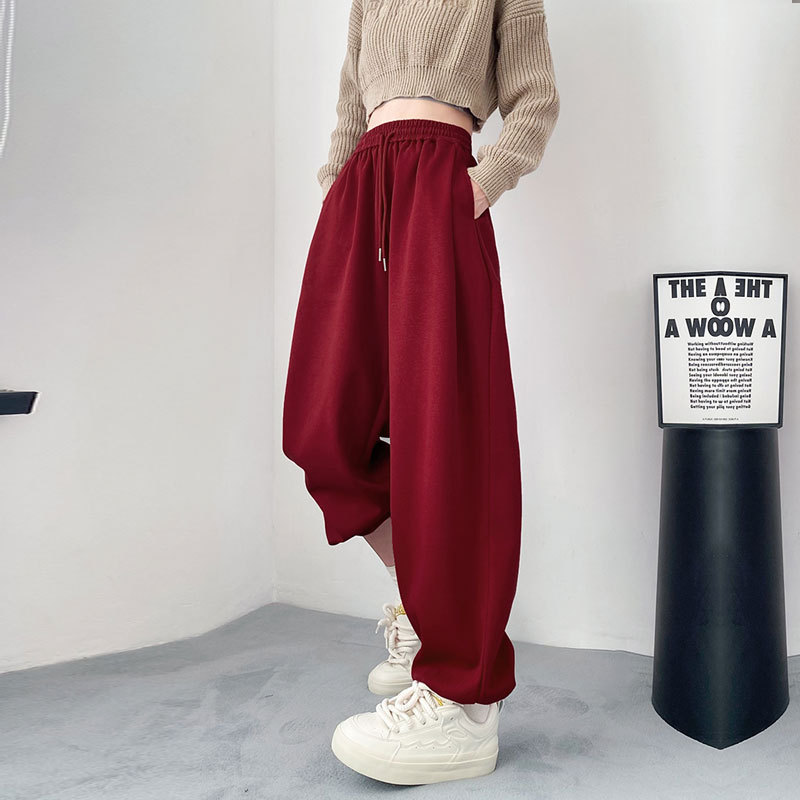 Christmas wine red American harem sports pants women's autumn and winter drawstring fleece-lined casual sweatpants ankle-tied radish lantern pants