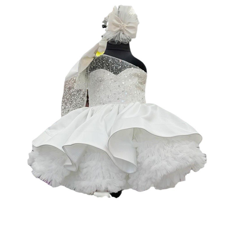 Girls One Shoulder Long Sleeved Princess Dress with Large Bow Sequined Tulle Birthday Dress for Baby Girls First Birthday Outfit_voghion.com