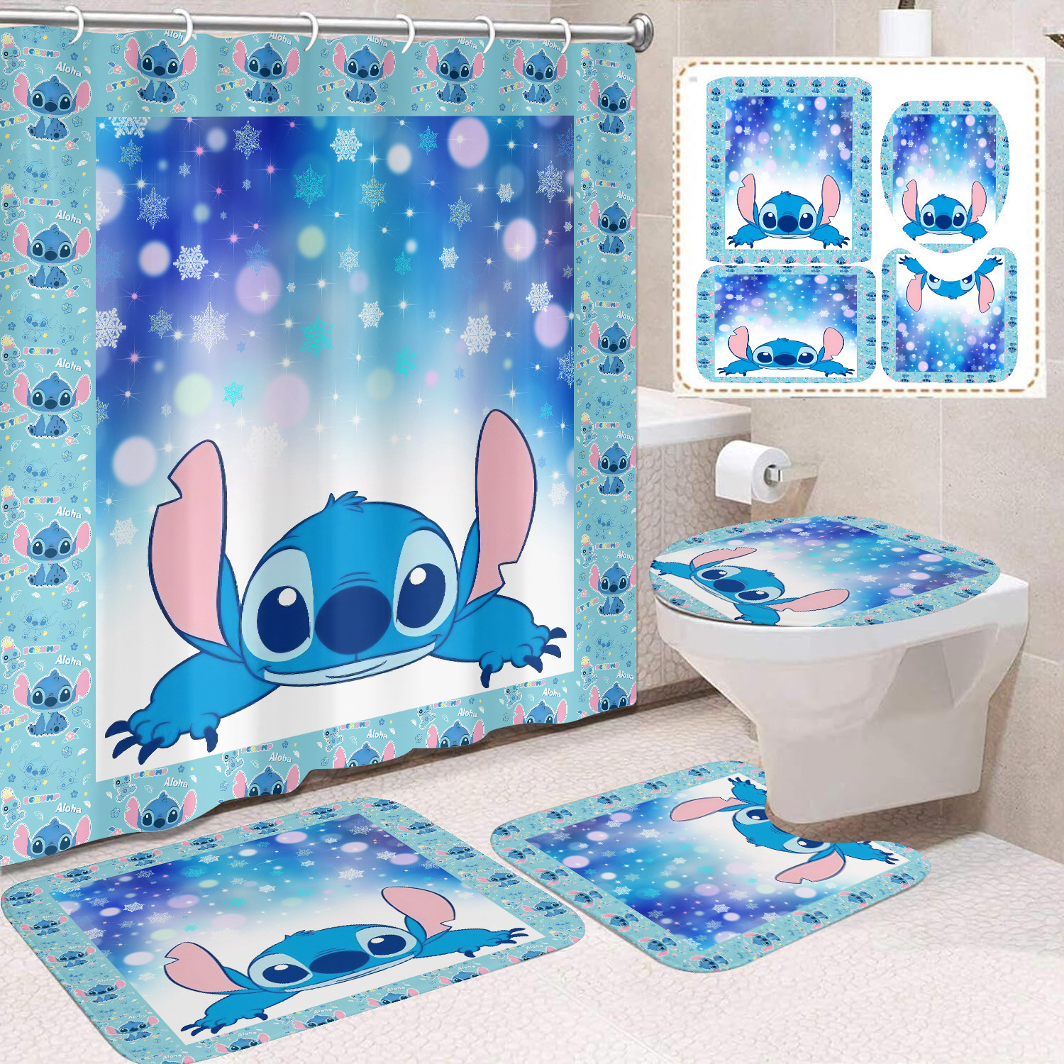 Venta directa de fábrica lindo baño de dibujos animados de cuatro piezas cortina de ducha impermeable cortina de ducha sin perforación cortina de partición de baño de baño