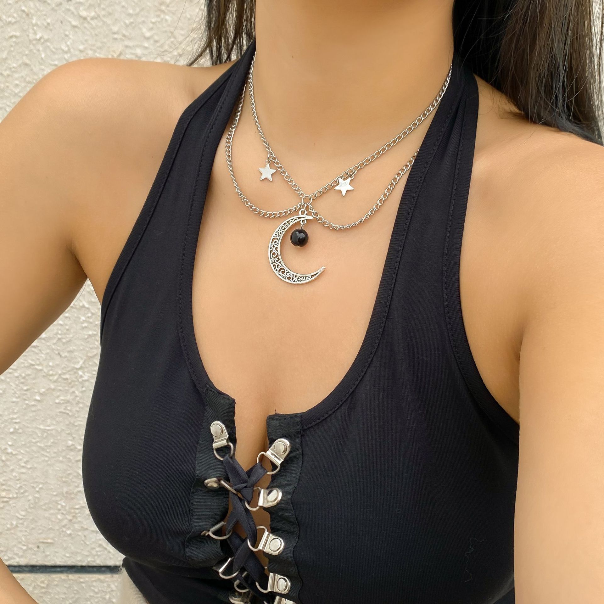 Collier de clavicule polyvalent personnalisé doux et cool à double couche, collier à franges étoile du vent simple et froid_voghion.com