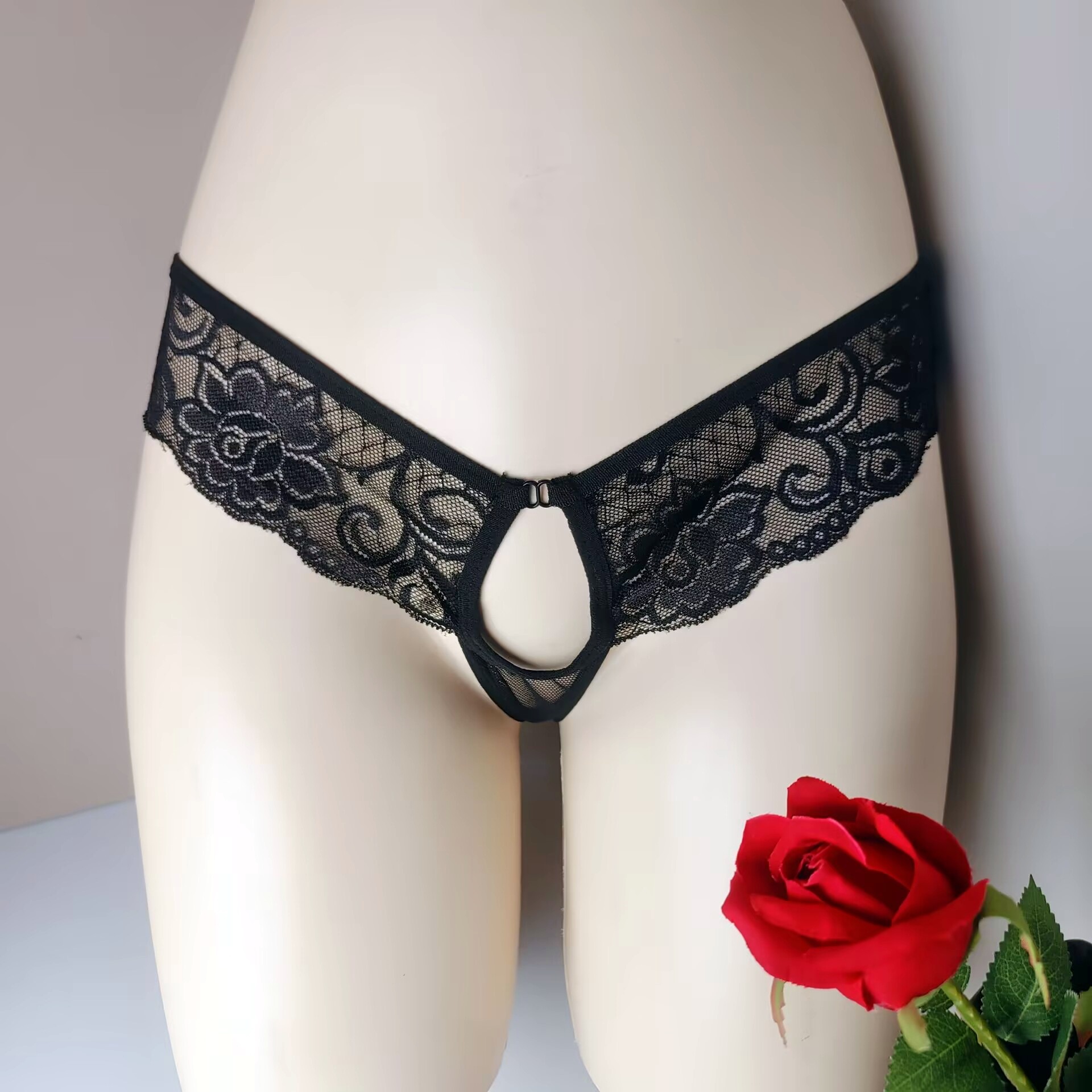 Sous-vêtements sexy en dentelle transparente, string pour couple, entrejambe ouverte, pas besoin de l'enlever, insertion directe, tentation dévoilée, JJ_voghion.com