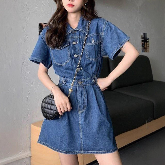 Đầm denim nữ tay ngắn cổ polo dáng chữ A chiết eo phong cách thanh lịch — Màu be, Màu hồng