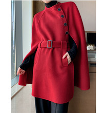 欧美外贸女装秋冬季新款外套系带宽松中长款双面毛呢外套斗篷大衣