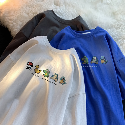 Pixel-style cartoon short-sleeve t-shirt for men, summer trendy brand, simple and loose pure cotton clothing, fashionable and versatile, heavy half-sleeve