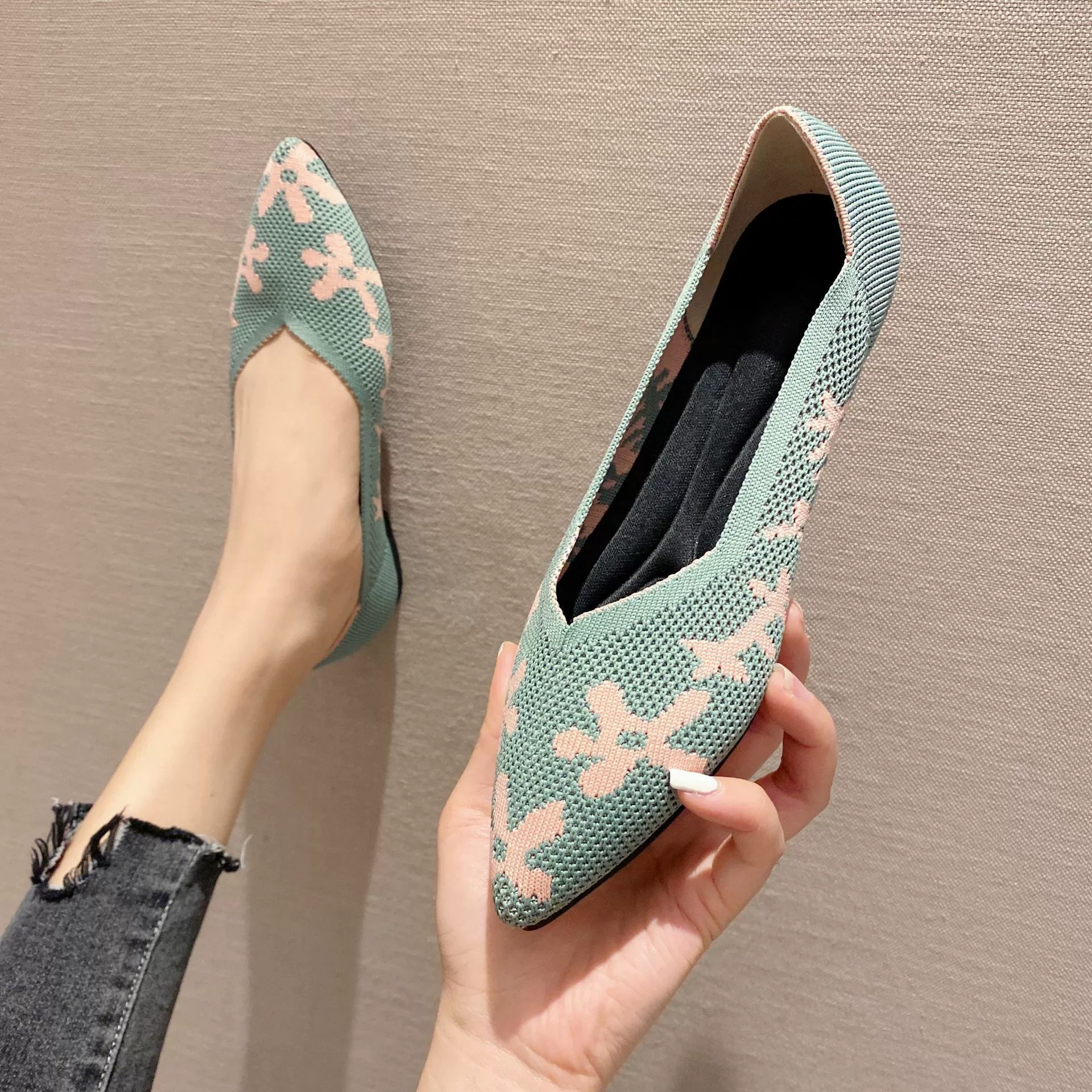 BEIFEITI ~ Туфли принцессы в едином стиле 2022 Новые Вязаные тканые туфли с геометрическим узором с острым носком и мелким ртом однослойные туфли для женщин