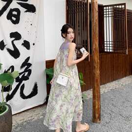 好看出片夏季垂坠感紫色碎花吊带裙雪纺连衣裙女中长裙度假旅游