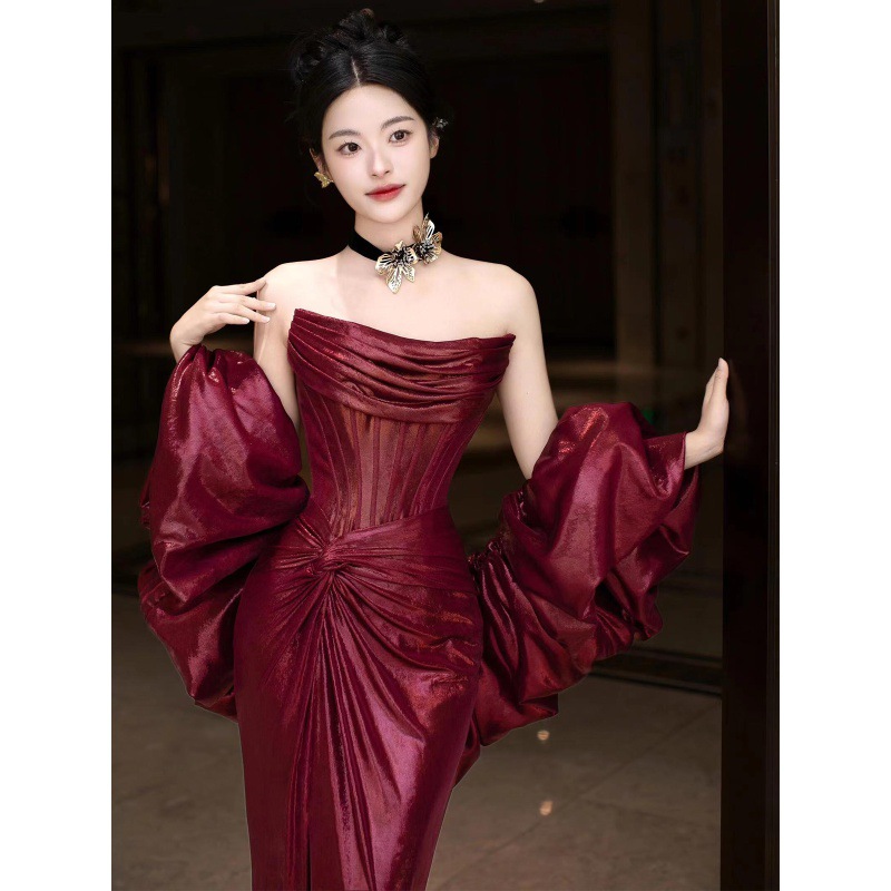 Strapless Toast Dress 2024 New High Sense wine red Bride Engagement Dress Banquet Elegant Host Dress for Women