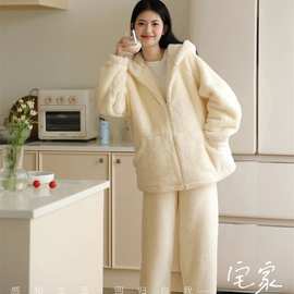 秋冬新款睡衣加绒女连帽家居服两件套外穿加厚保暖云朵绒闺蜜套装