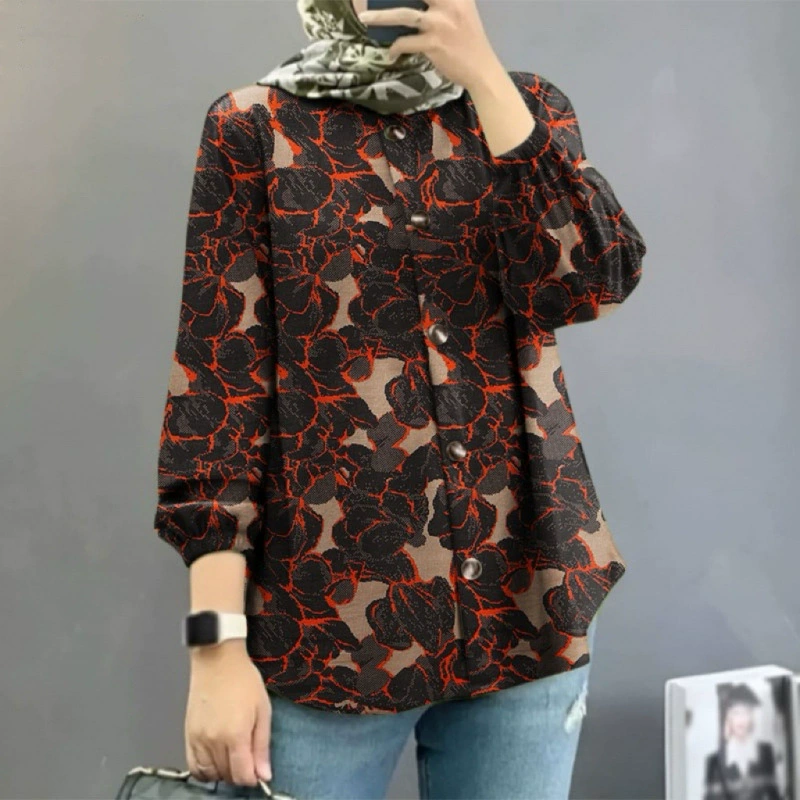 Кросс-бордерная женская мусульманская рубашка с цветочным принтом Amazon Ближний Восток Малайзия 2024, модные пышные рукава, оптовая партия от производителя