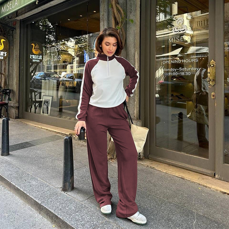 211475 Spring Autumn New Cross-Border European And American Color-Block Long-Sleeve Zipper Sweatshirt Women's Fashion_ecoleips.com