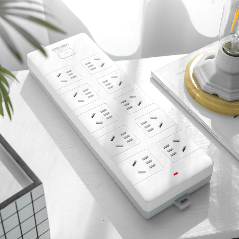 得力18275插座国标8位10位孔5米3米防触电大孔距总控开关插座插排