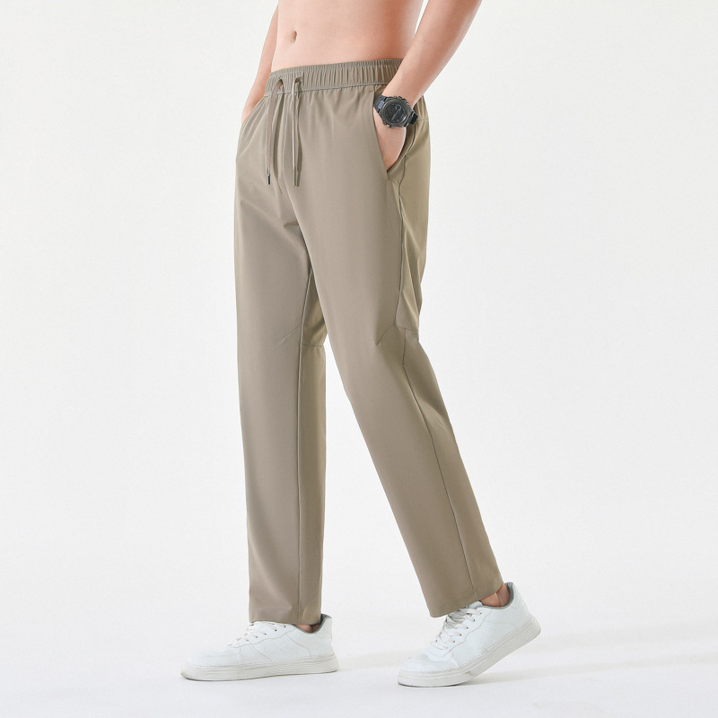 Fashionable Men's Ice Silk Pants, Men's Casual Pants, Men's Woven Flat-Leg Pants, High Elasticity, Thin Style, Zipper Pockets, Long Pants Wholesale