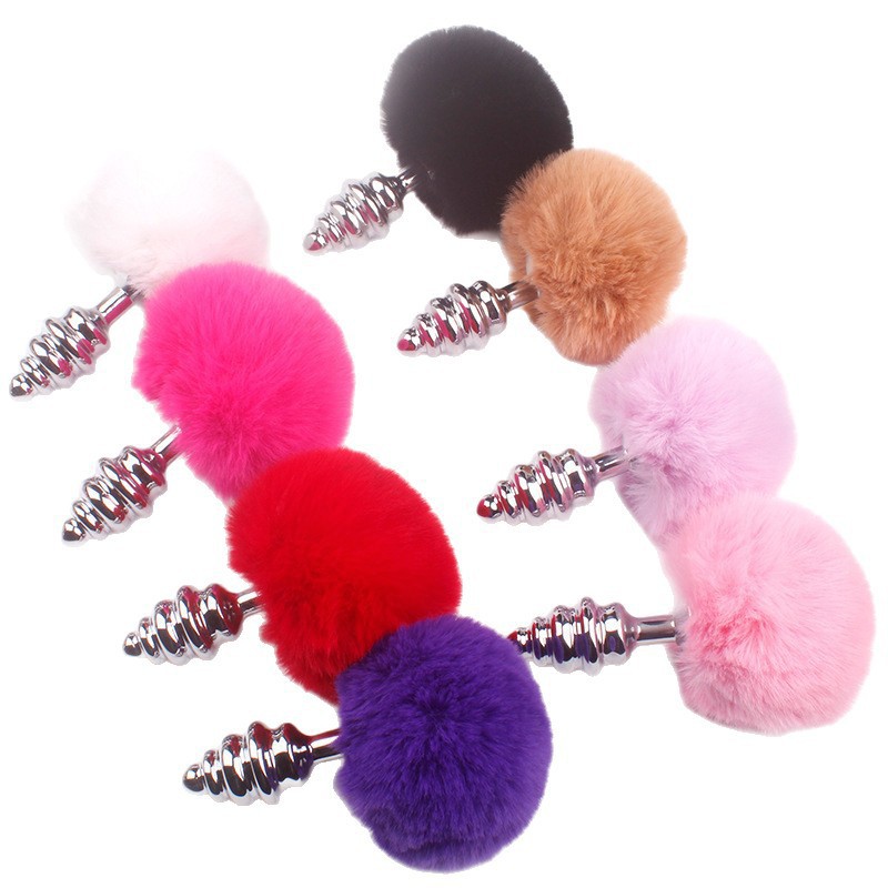 Threaded Metal Anal Plug with Faux Rabbit Fur Tail, Red — detail image 8