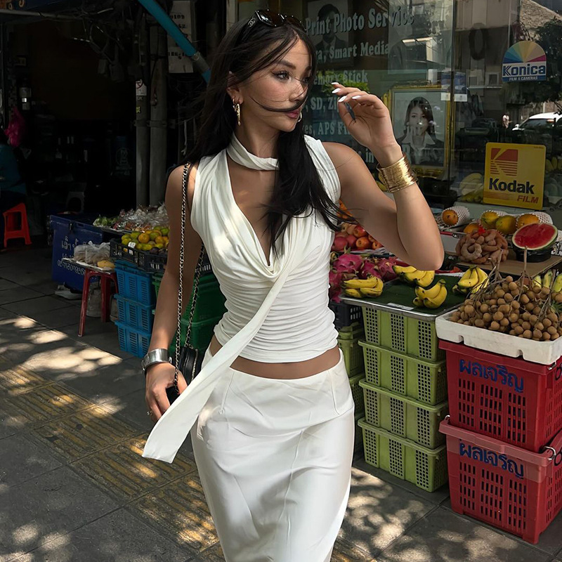 飘带荡领无袖背心女夏装 收腰显瘦辣妹修身女装 纯色系带绑带上衣|undefined