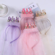 韩版公主风皇冠带纱发箍生日Party聚会头纱儿童缕空镶钻发饰发夹