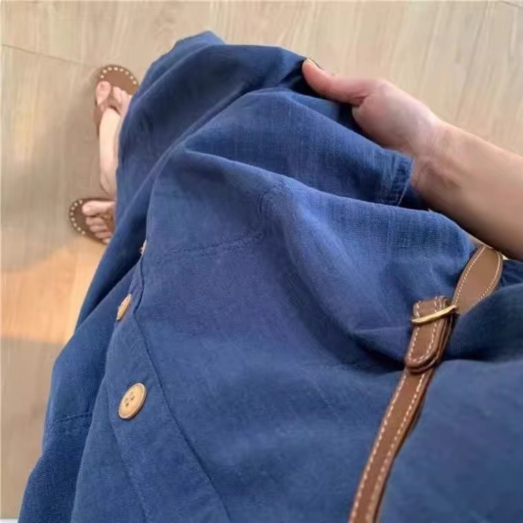 Đầm sơ mi suông tay ngắn thiết kế độc đáo dáng thẳng — màu xanh hải quân chi tiết 5