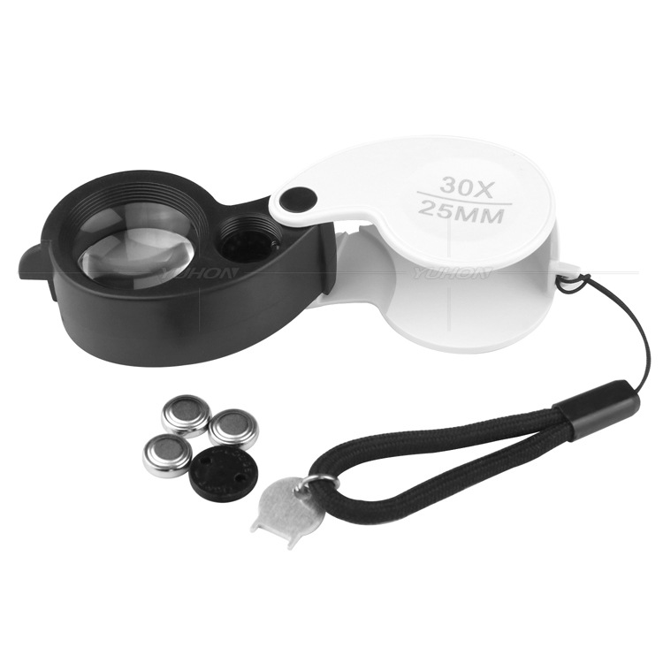 30倍25mm便携折叠式珠宝文玩玉器鉴定高倍放大镜双LED带光源挂绳
