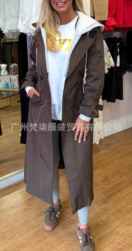 现货欧美2025秋冬亚马逊跨境新款连帽翻领假两件休闲长款风衣外套|undefined
