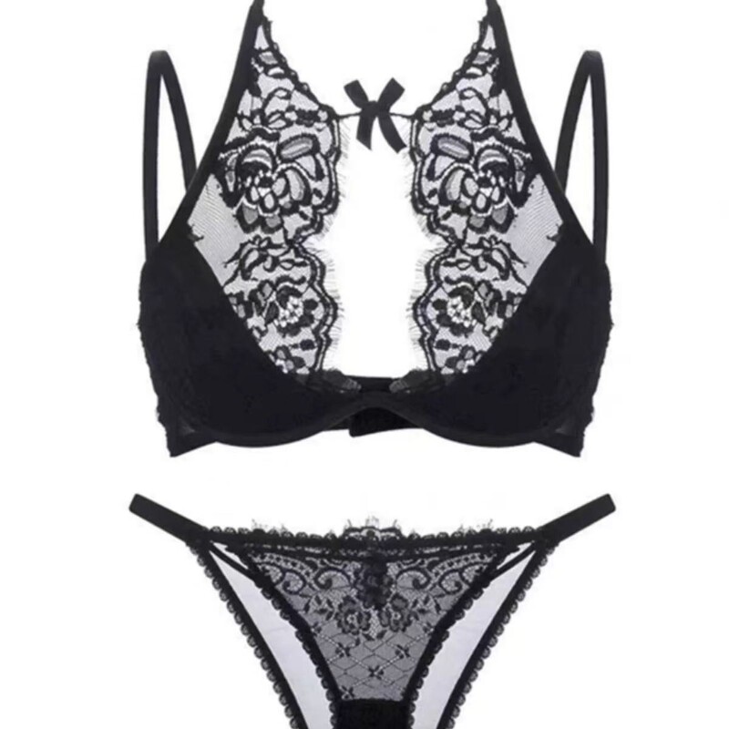 High-Looking and Sexy New Lace Underwear, Thin High-Slit Pure Desire Hollow Push-Up Halter Bra Set