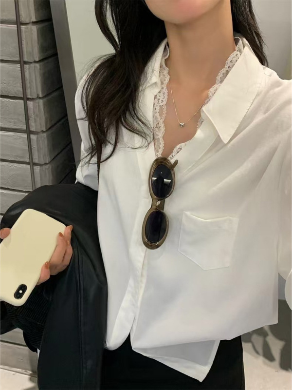 韩系女主！设计感松弛V领蕾丝拼接衬衫秋季百搭V领上衣女|undefined