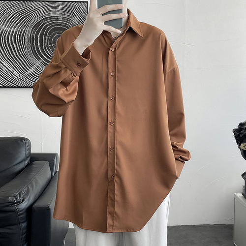 Pure Color Work Shirt for Men, Autumn Thin Long Sleeve DK Uniform Trendy Loose Casual Bad Boy Style Top Shirt