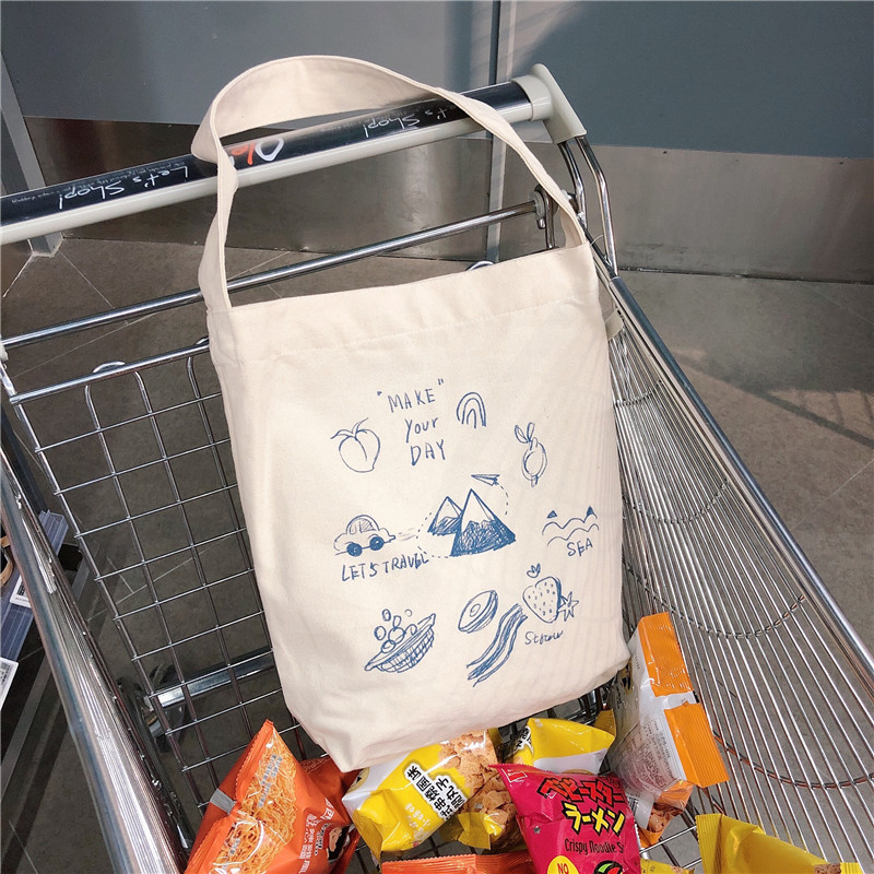 99304 ins single-shoulder hand-carry canvas bag, cute cartoon illustration tote bag for girls, student trend undefined
