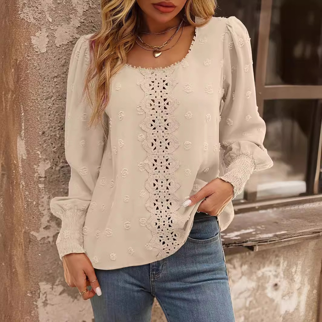 Comercio exterior transfronterizo ropa de mujer Amazon europeo y americano cuello redondo manga de soplo gran Polka Dot costura encaje pull temperamento camisa image 5