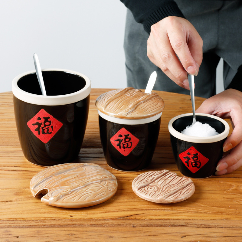 特色のある福の字のかめの小さい味噌のかめの陶磁器のネットの赤い調味料の缶の台所の家庭用の復古の商用の中国式の福のかめの調味料の瓶|undefined