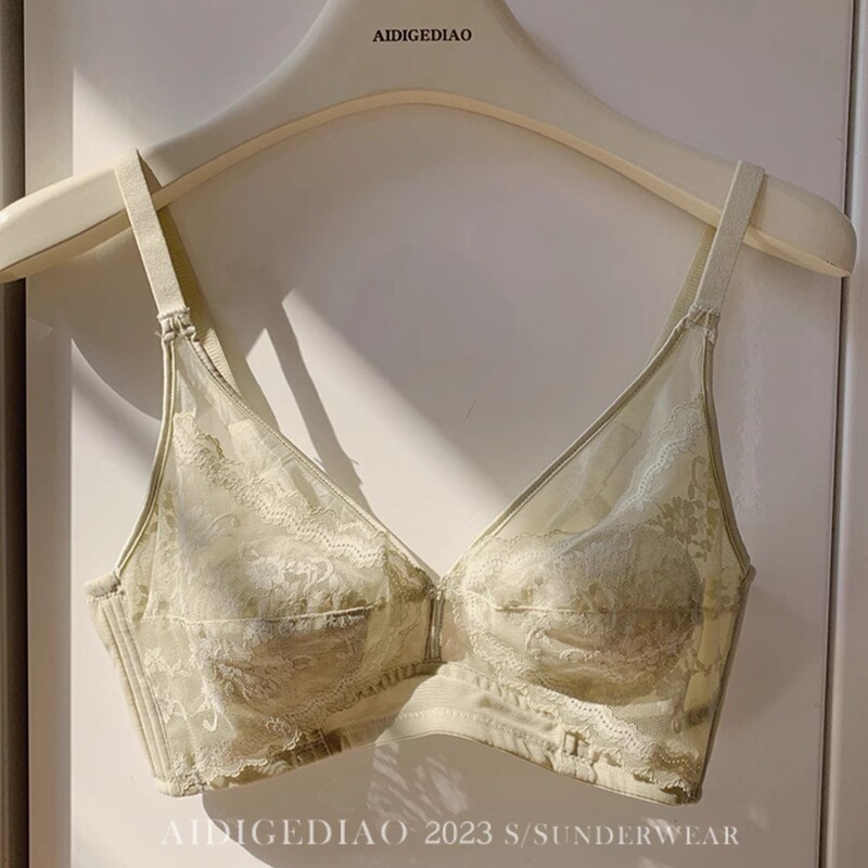 Ultra-thin lace rabbit ears underwear big chest small thin breathable Crystal Cup lightweight wireless summer bra