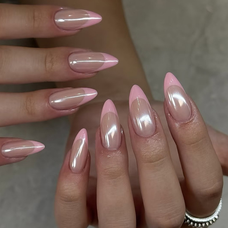 Manicure Nails, Wearable Nails, Almond Nails, Gentle Ice-Transparent Aurora Tender Pink French Manicure, Wearable Nails, Nail Patches