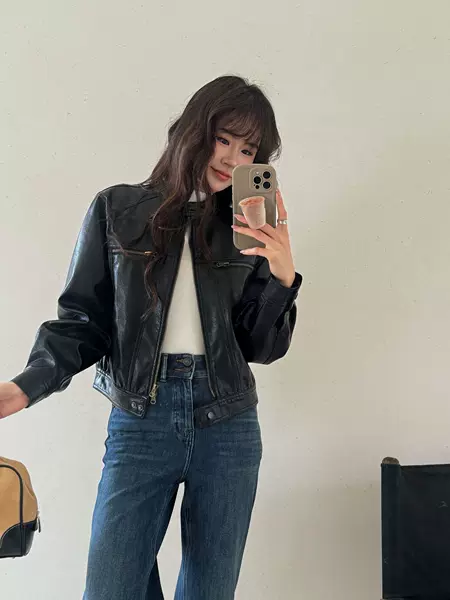 Early Autumn Round-Neck Loose-Fitting Black and Coffee-Colored Pu Leather Jacket for Petite Figures, American-Style Biker Leather Jacket