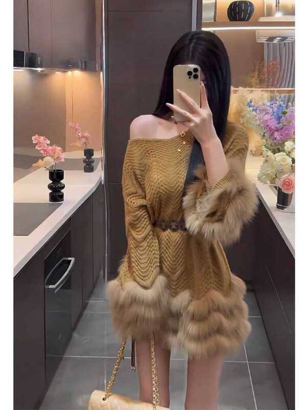 法式咖色毛绒袖口连衣裙搭配腰带两件套女秋冬季名媛气质纯欲套装|undefined