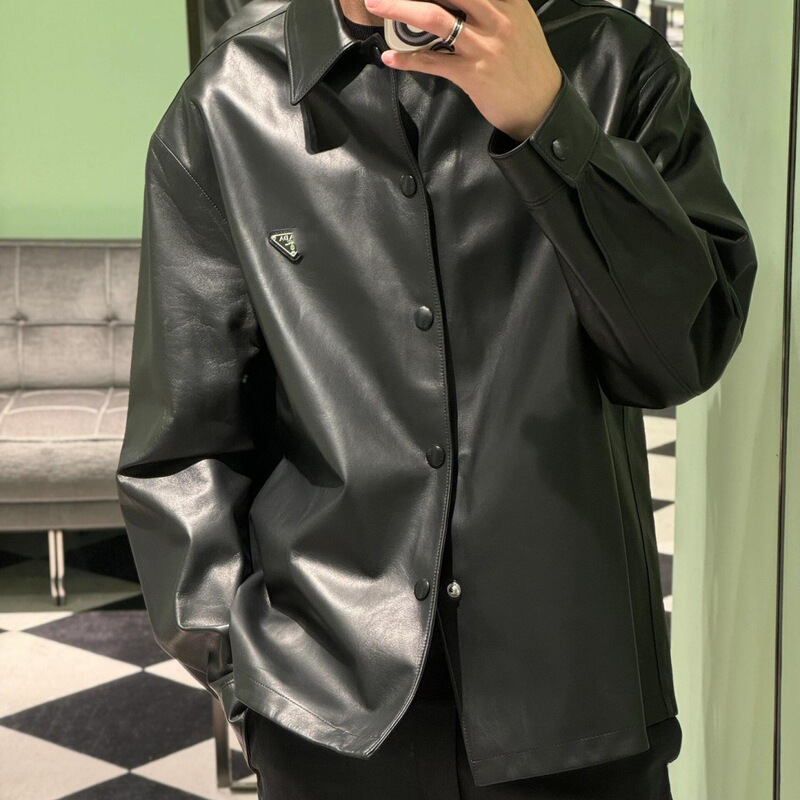 Ceiling High Version P Family Classic Metal Triangle Logo Lambskin Composite Jacket Shirt Cardigan Men's Jacket