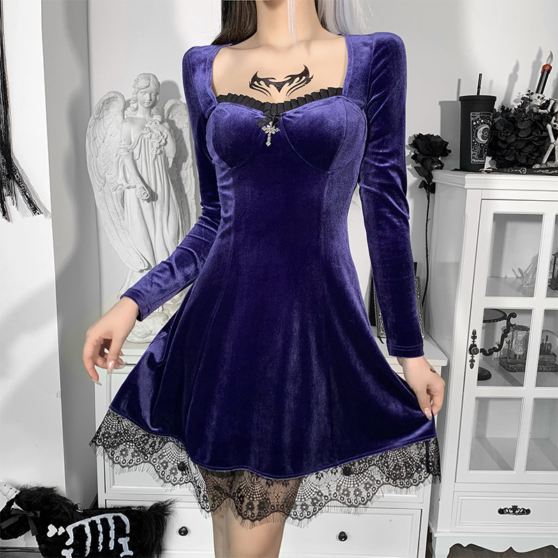 Dark Style Solid Color Suede Long-Sleeved Lace Stitching Dress NSGYB99090