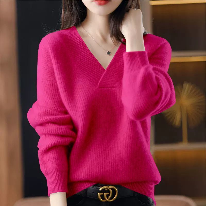 2025 New Autumn and Winter Outer Wear Pure Color V Neck Knitwear for Women Loose Slimming Look Knitted Pullover Thickeneded Knitwear for Women