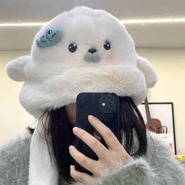 耳朵会动！可爱卡通星星眼小海豹毛绒帽女秋冬学生保暖护耳雷锋帽