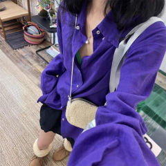 100亚麻四季可穿紫色定染防晒开衫休闲宽松男女款百搭麻衬衫跨境